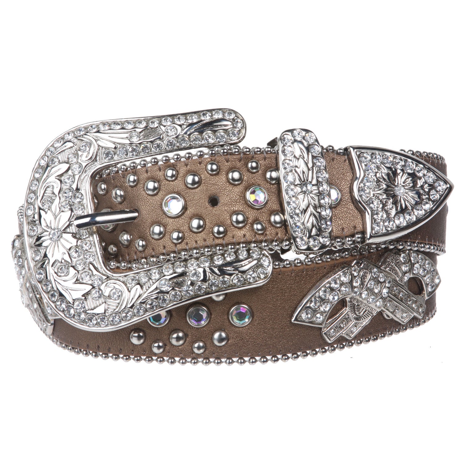 Western Rhinestone Double Gun Ornaments Studded Genuine Leather Belt - OnlineBelts