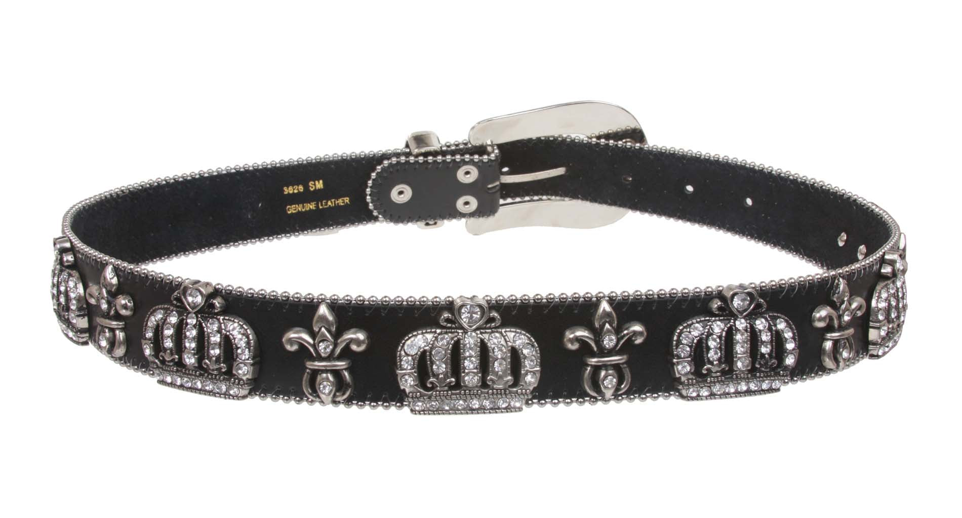 Western Rhinestone Fleur De Lis and Crown Genuine Leather Belt - OnlineBelts
