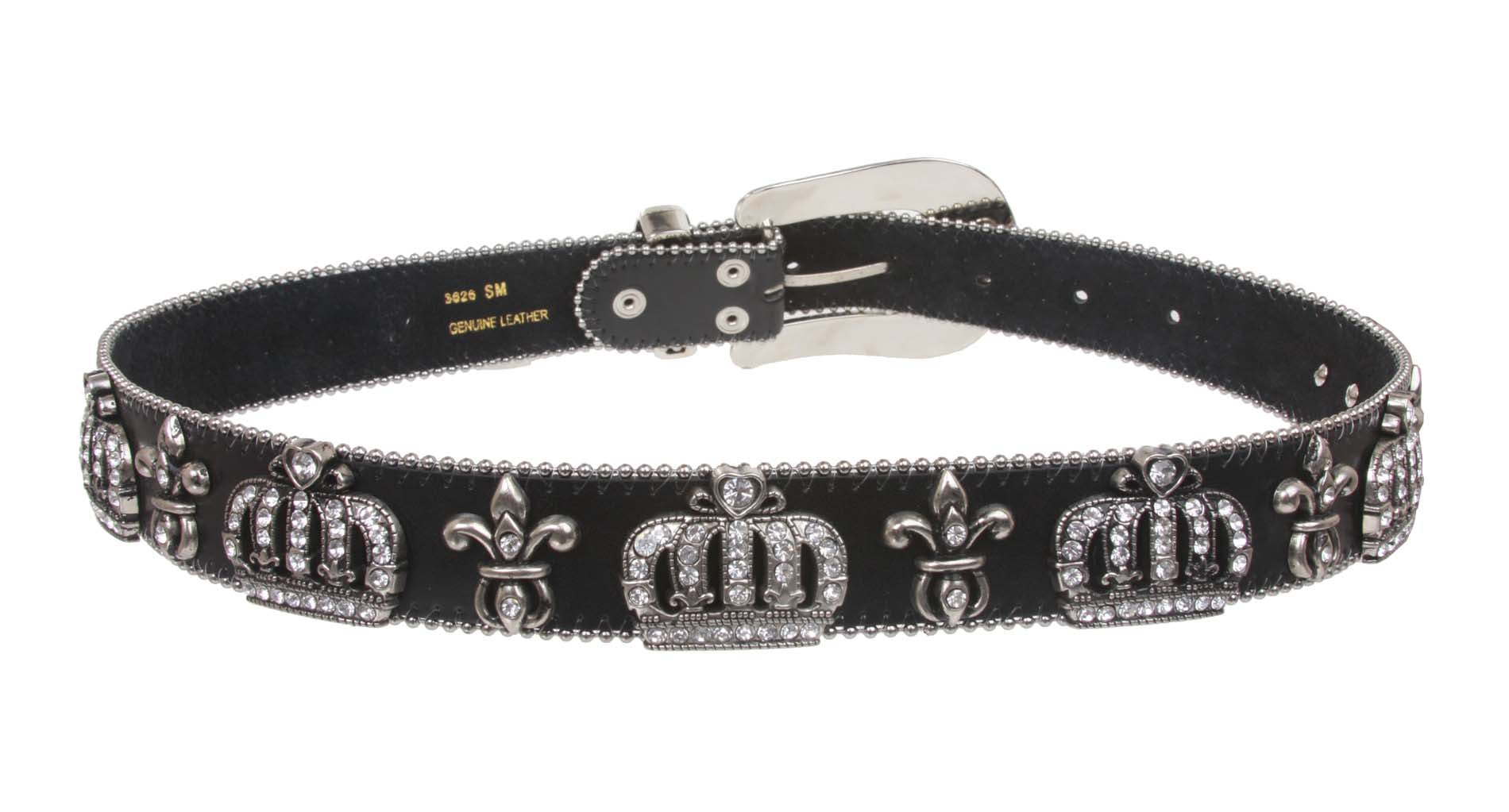 Western Rhinestone Fleur De Lis and Crown Genuine Leather Belt