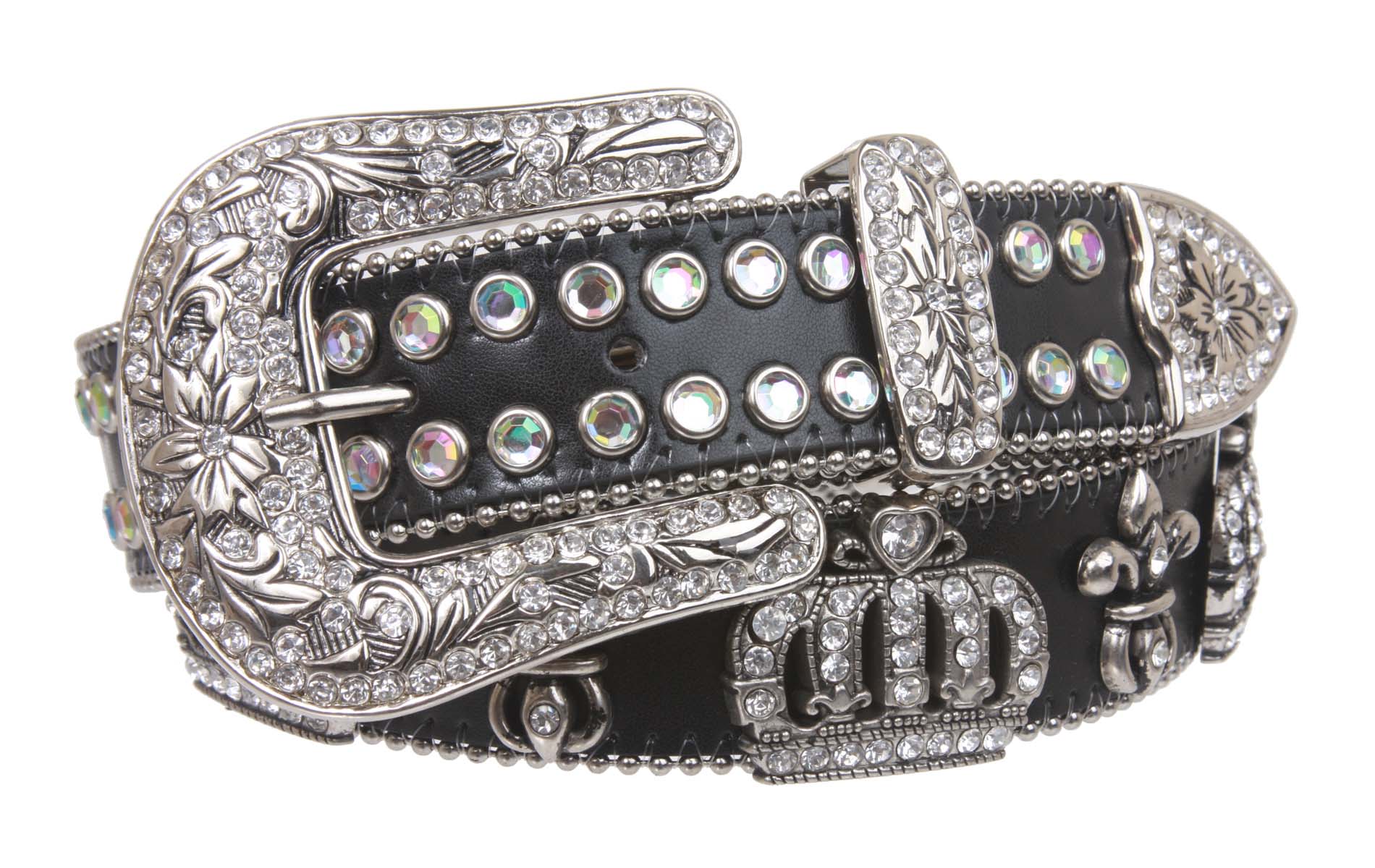Western Rhinestone Fleur De Lis and Crown Genuine Leather Belt - OnlineBelts