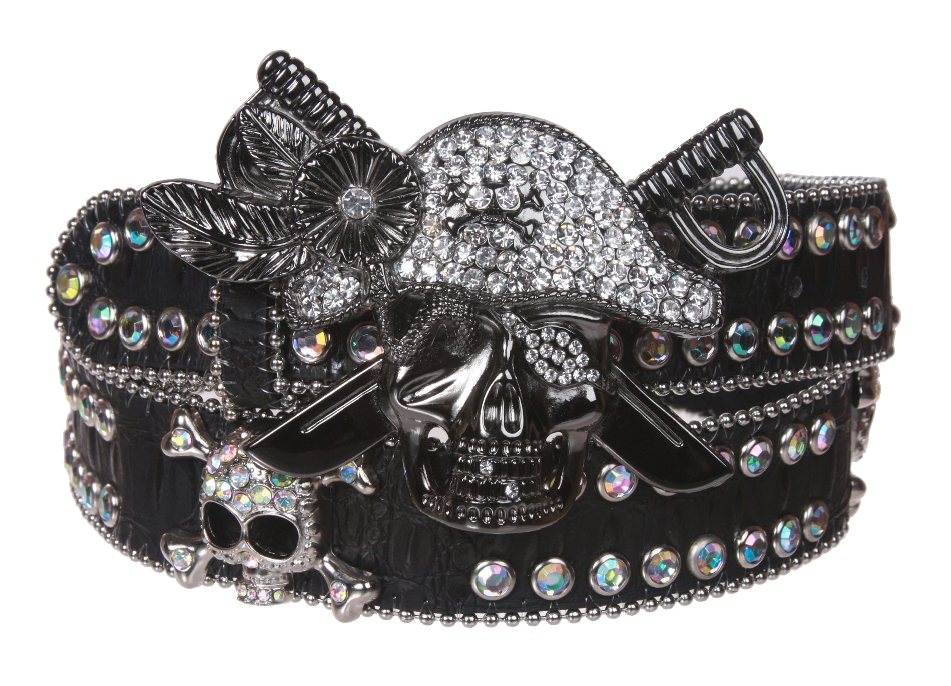 Western Rhinestone Pirate Skull Cross Bone Genuine Leather Belt - OnlineBelts