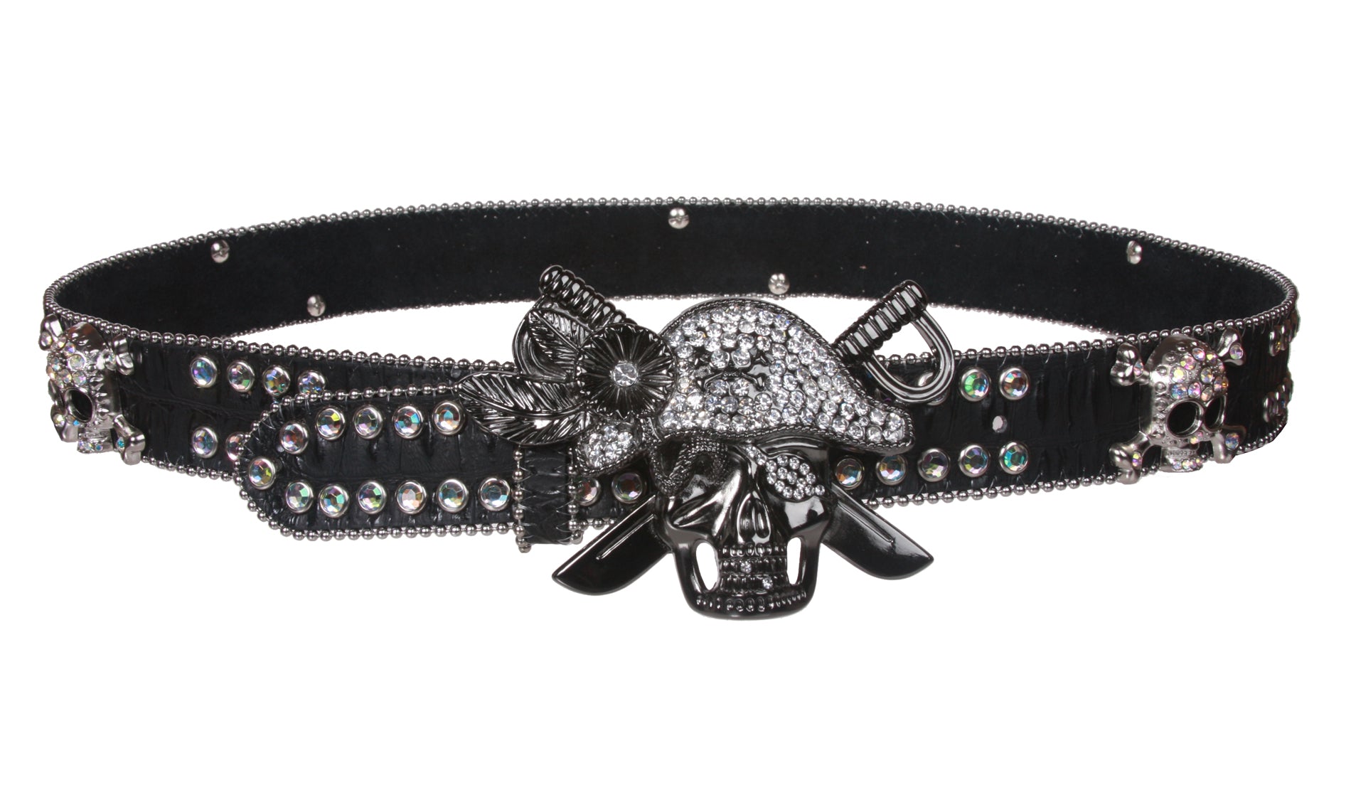 Western Rhinestone Pirate Skull Cross Bone Genuine Leather Belt - OnlineBelts