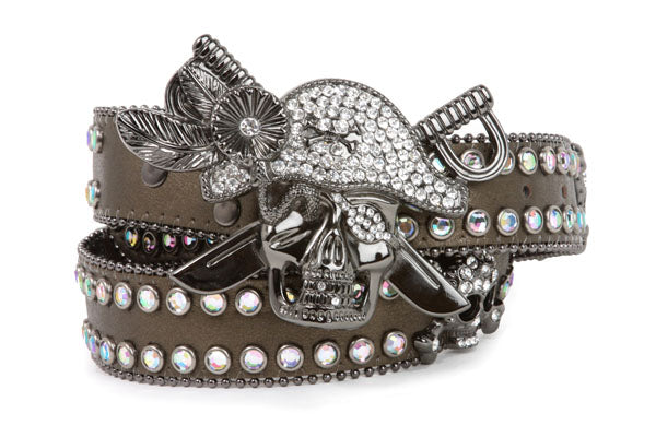 Western Rhinestone Pirate Skull Cross Bone Genuine Leather Belt - OnlineBelts