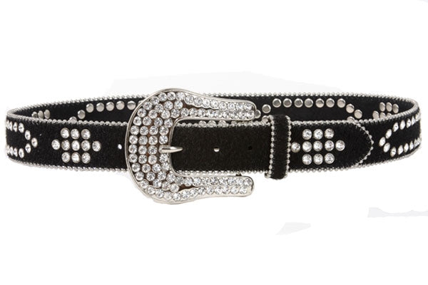 Western Rhinestone Silver Studded Faux Fur Genuine Leather Belt - OnlineBelts