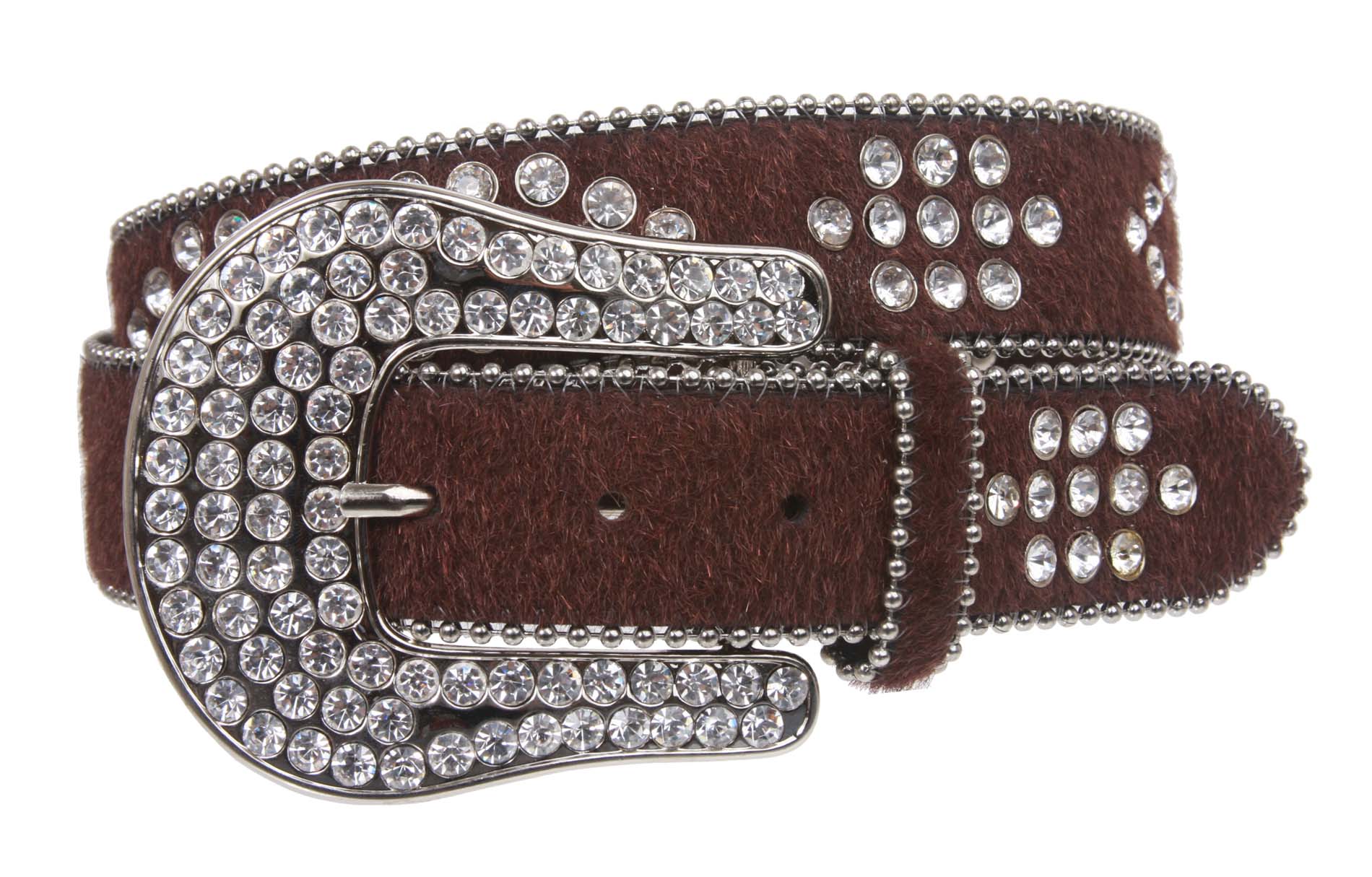 Western Rhinestone Silver Studded Faux Fur Genuine Leather Belt - OnlineBelts