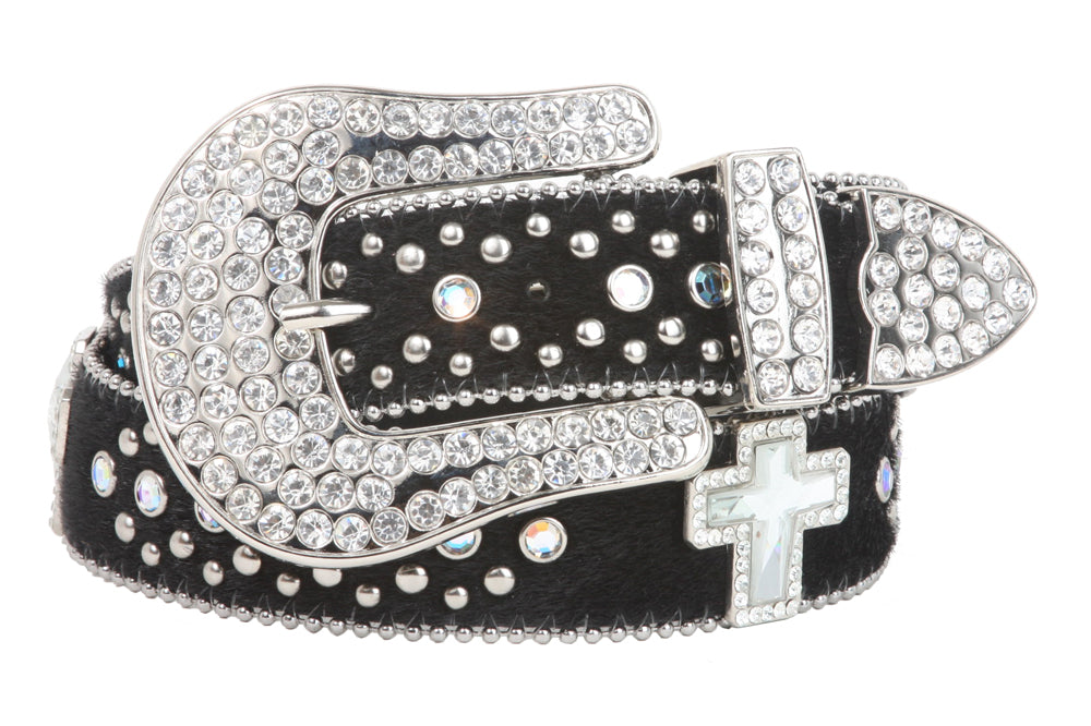 Snap On Rhinestone Cross Silver Circle Studded Faux Fur Genuine Leather Belt - OnlineBelts