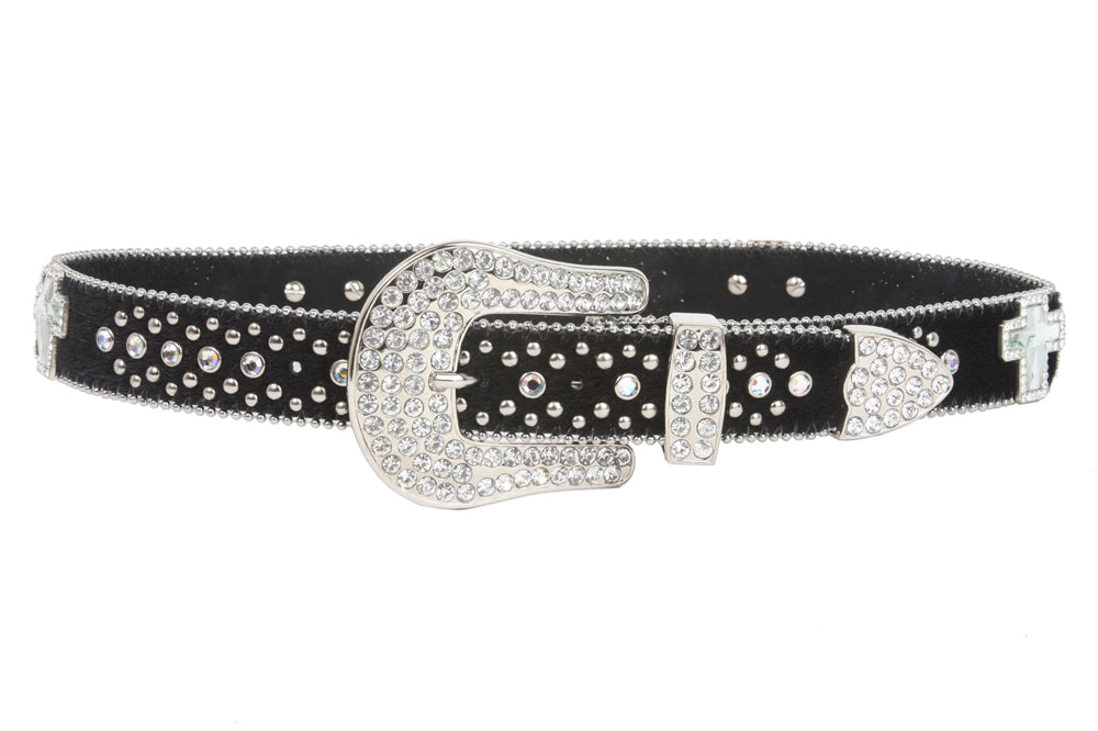 Snap On Rhinestone Cross Silver Circle Studded Faux Fur Genuine Leather Belt - OnlineBelts