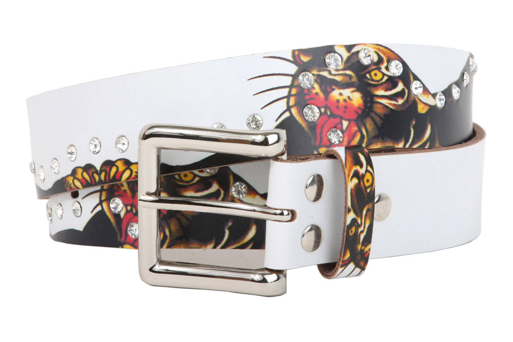 1 1/2 Inch Snap On Rhinestone Tiger Printed Genuine Leather Belt