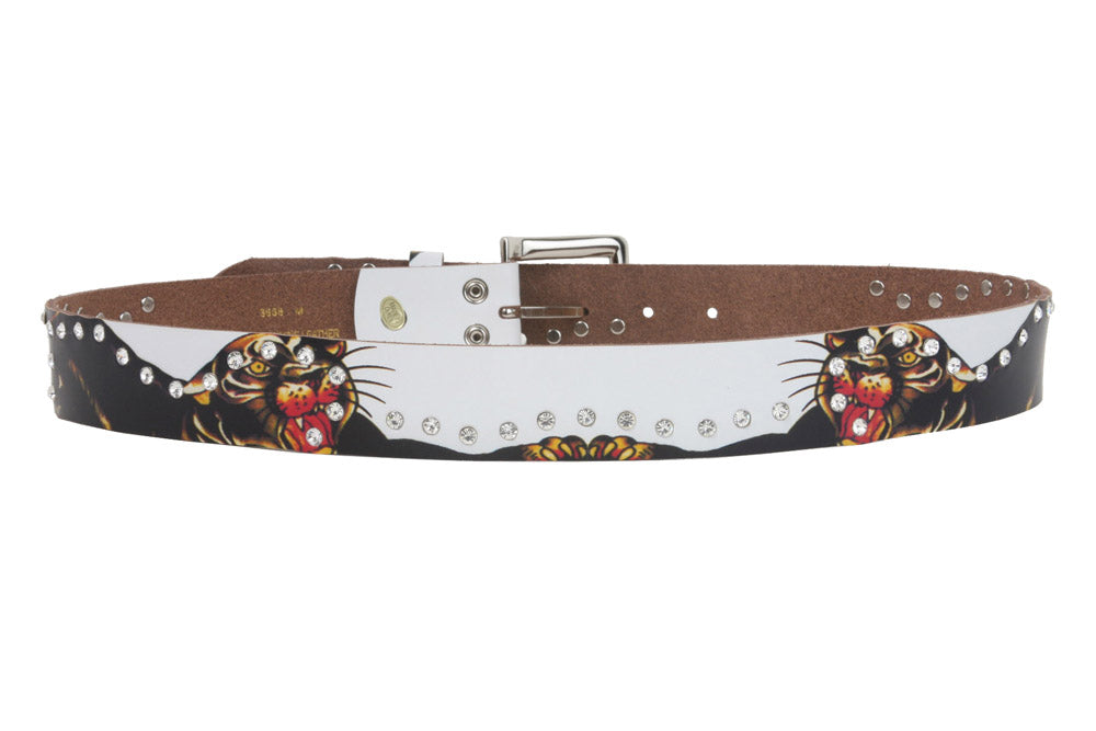 1 1/2 Inch Snap On Rhinestone Tiger Printed Genuine Leather Belt
