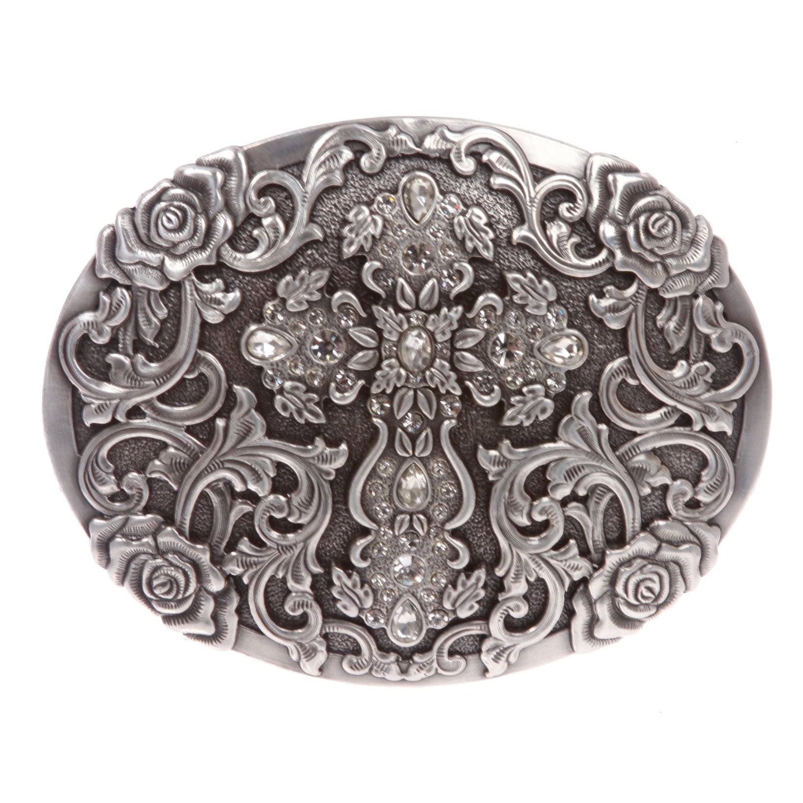 Western Antiqued Silver Cross & Rose Filigree with Rhinestones Oval Buckle - OnlineBelts