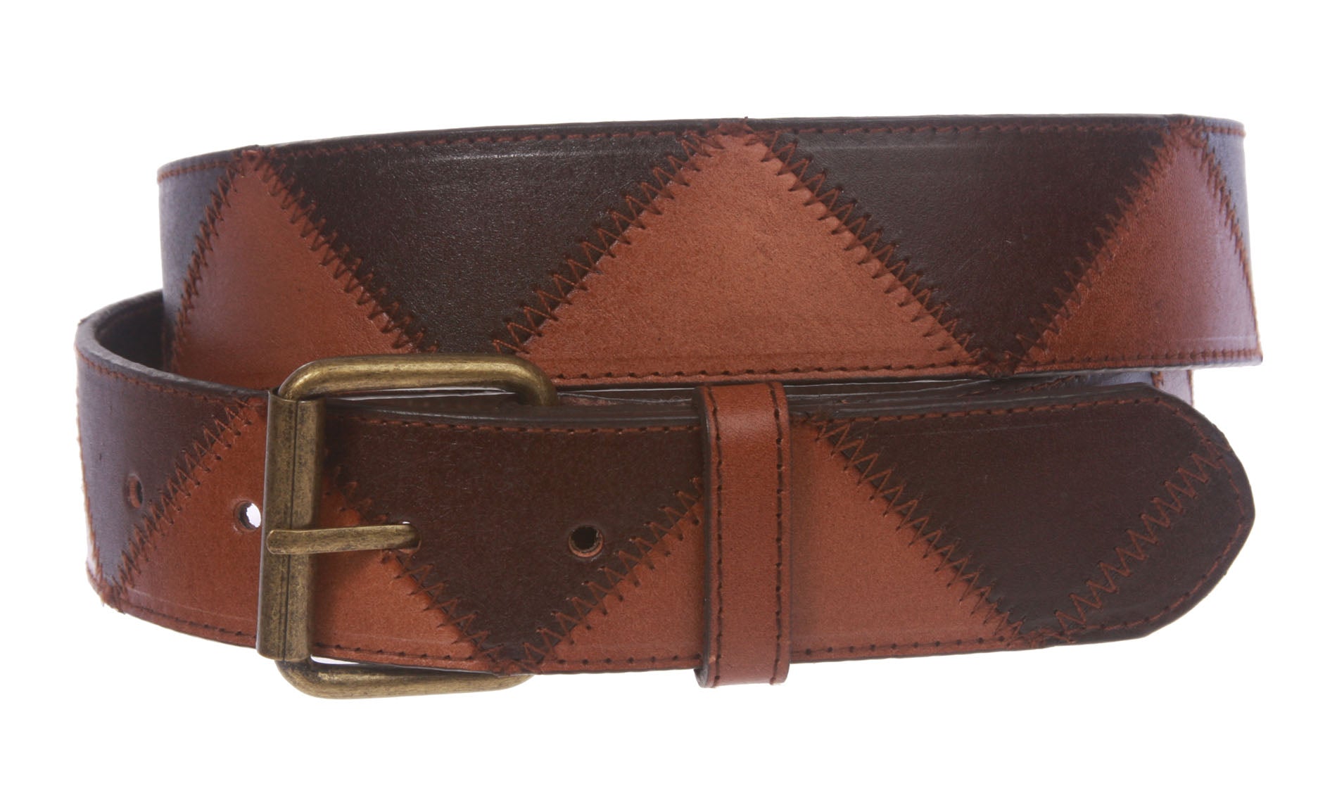 Snap On Stitching Edged Brass Buckle Two Tone Brown Genuine Leather Belt - OnlineBelts
