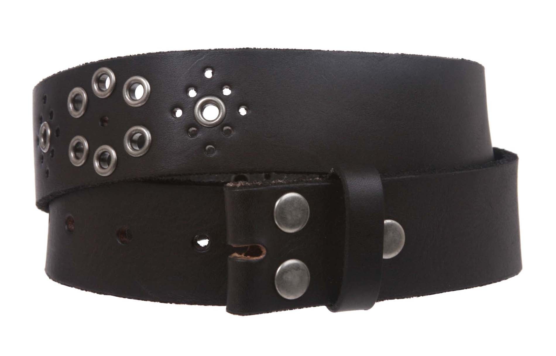Snap On Vintage Grommets Perforated Full Grain Leather Belt Strap - OnlineBelts