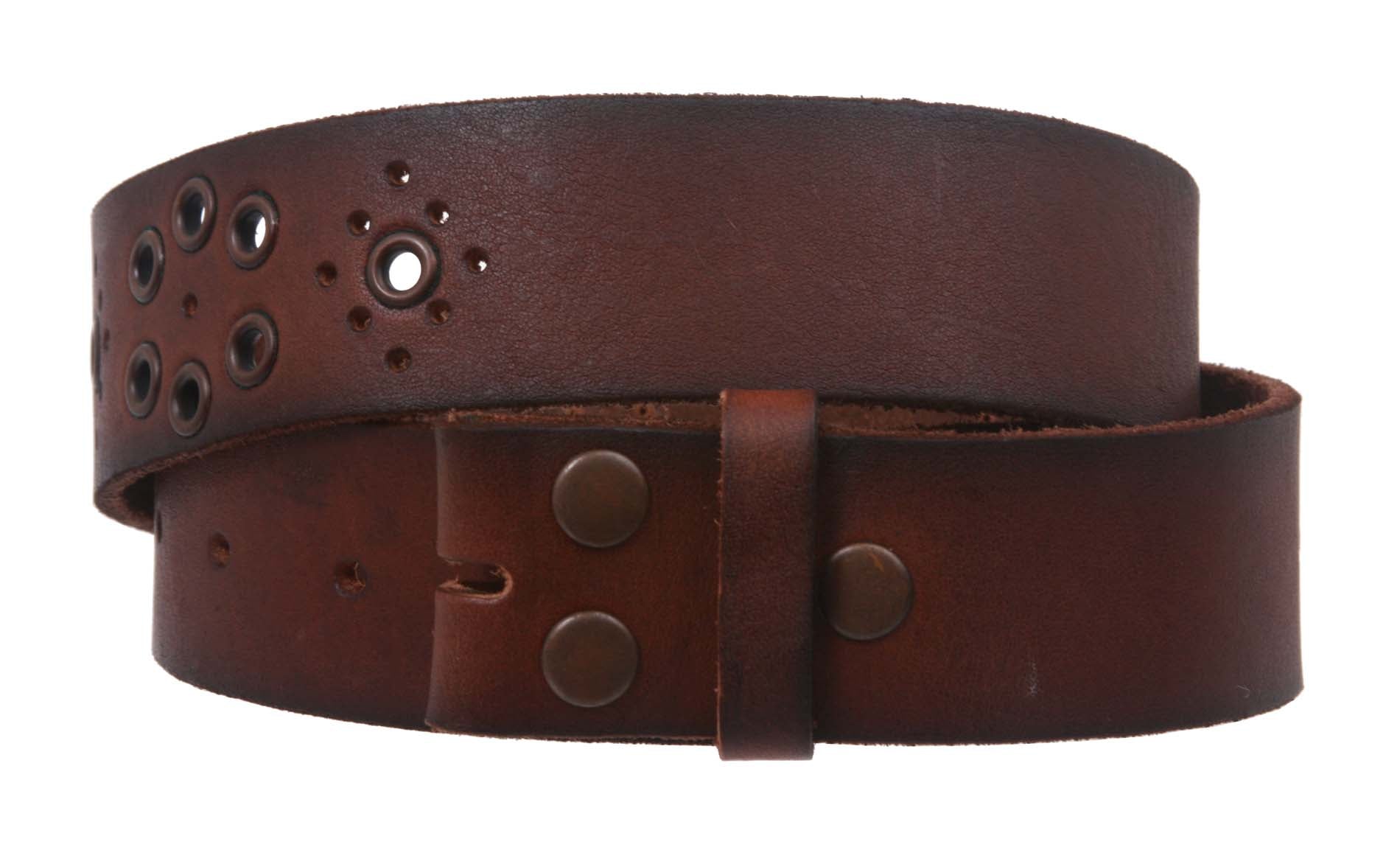 Snap On Vintage Grommets Perforated Full Grain Leather Belt Strap - OnlineBelts