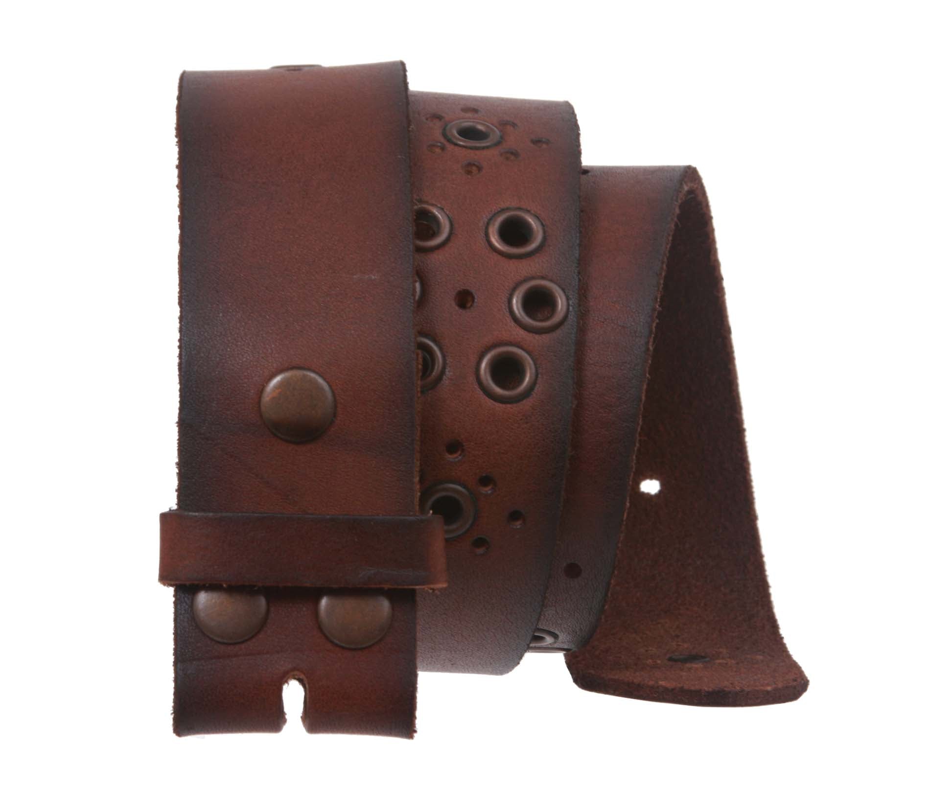 Snap On Vintage Grommets Perforated Full Grain Leather Belt Strap - OnlineBelts