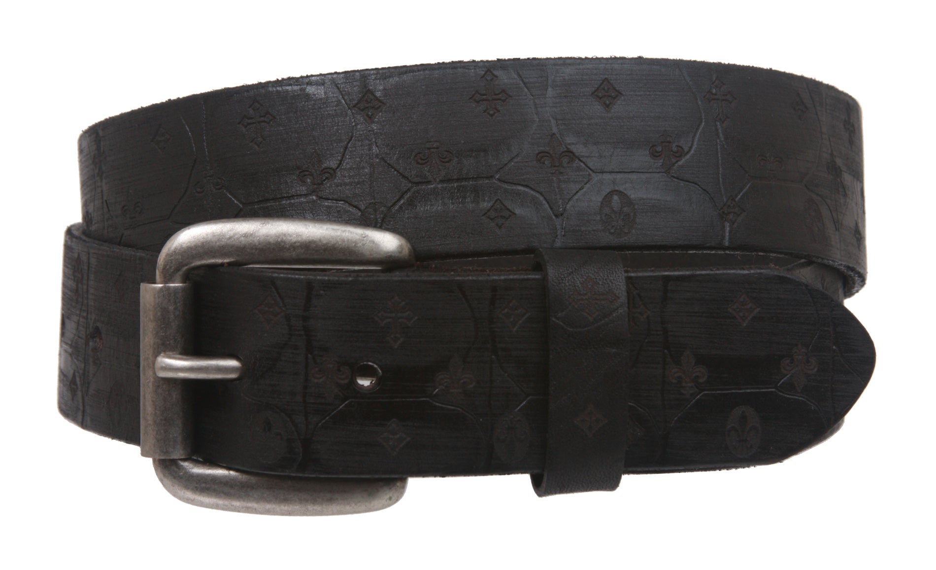 Snap On Oil Tanned Full Grain Fleur De Lis Embossed Vintage Retro Leather Belt - OnlineBelts