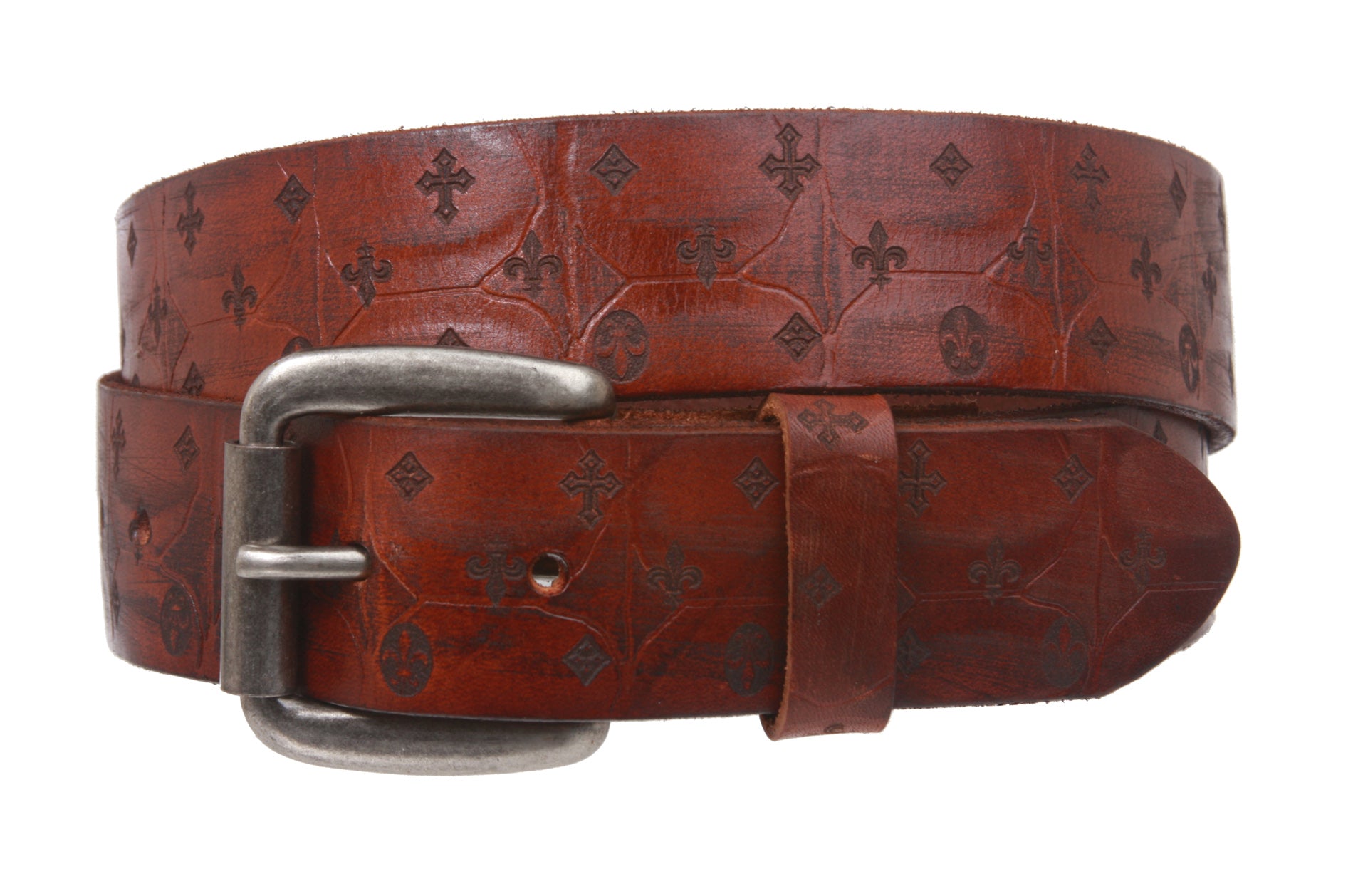 Snap On Oil Tanned Full Grain Fleur De Lis Embossed Vintage Retro Leather Belt - OnlineBelts