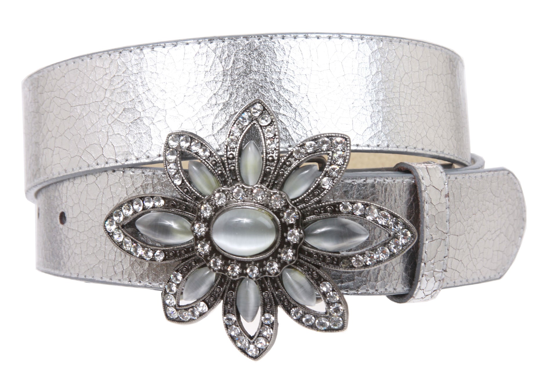 Snap On Crack Print Stitching Edged Belt with Rhinestone Floral buckle - OnlineBelts