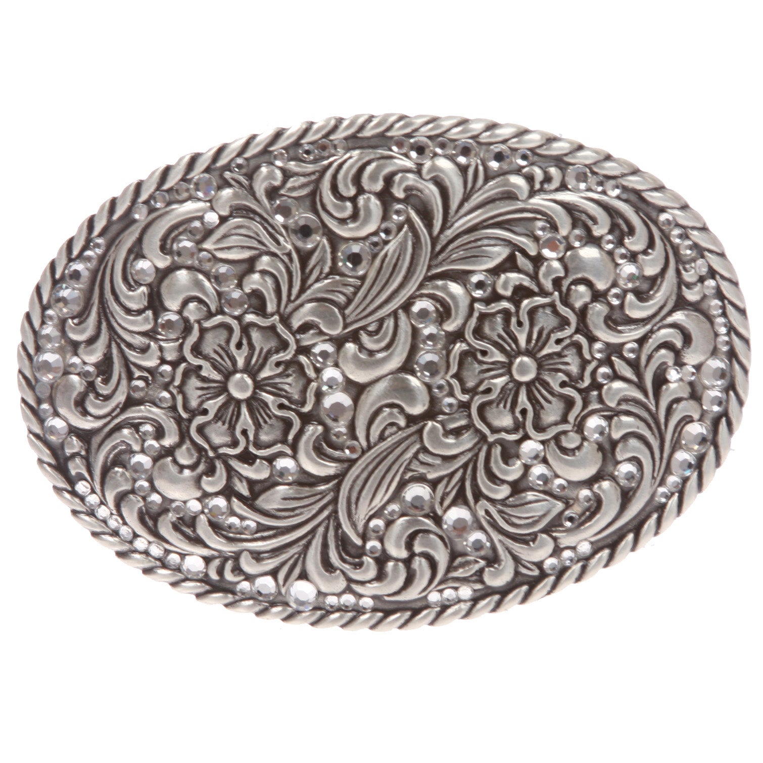 Western Silver Rose Filigree with Rhinestones Oval Belt Buckle - OnlineBelts