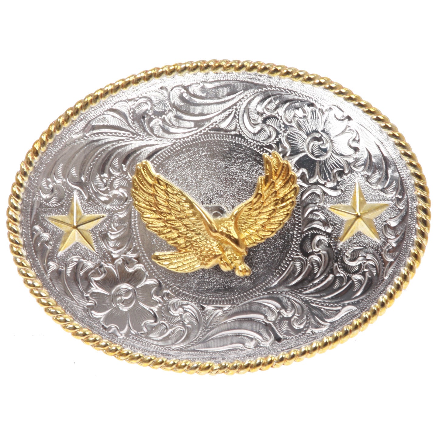 Western Cowboy Silver Buckle with Gold Soaring Eagle Leather Belt - OnlineBelts