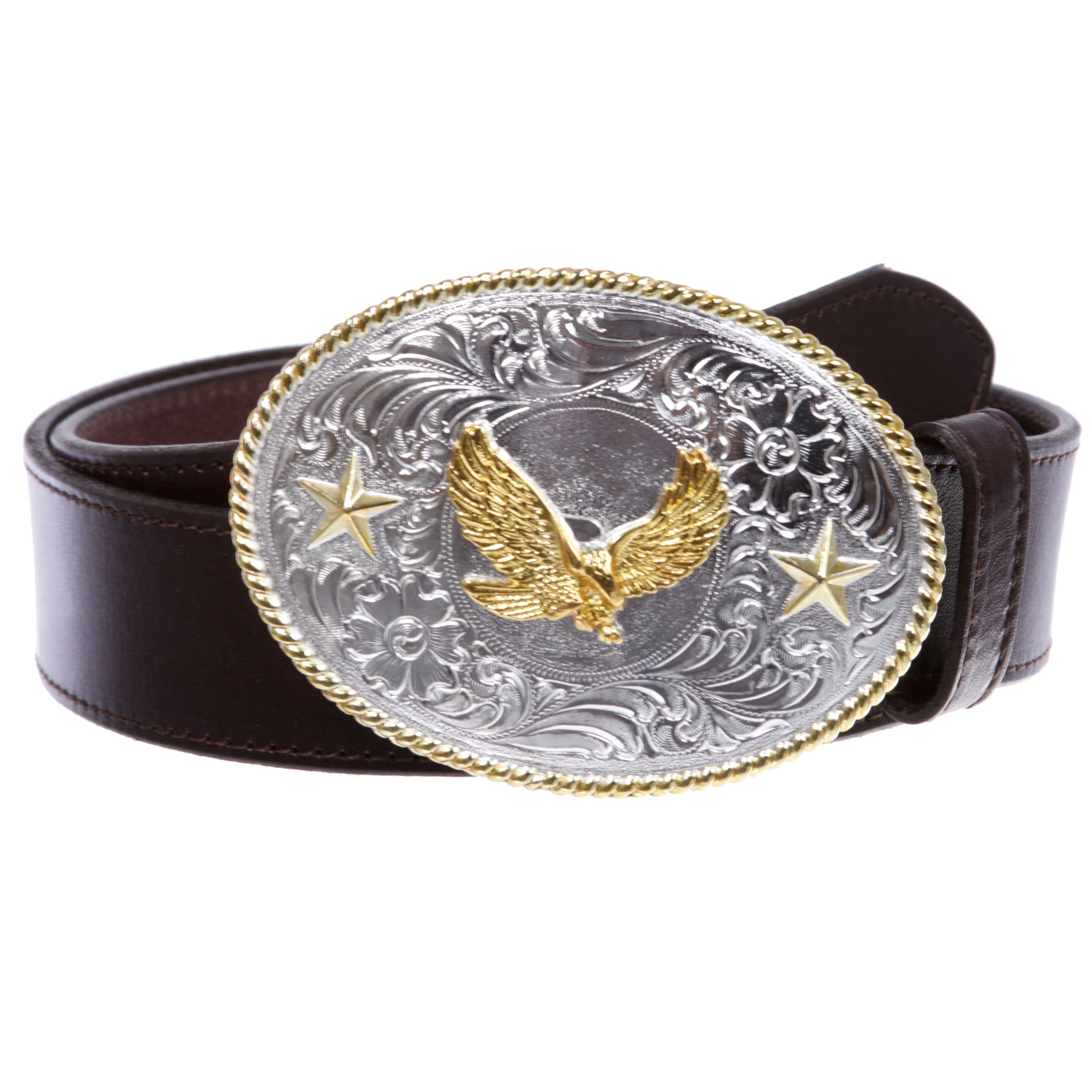 Western Cowboy Silver Buckle with Gold Soaring Eagle Leather Belt - OnlineBelts
