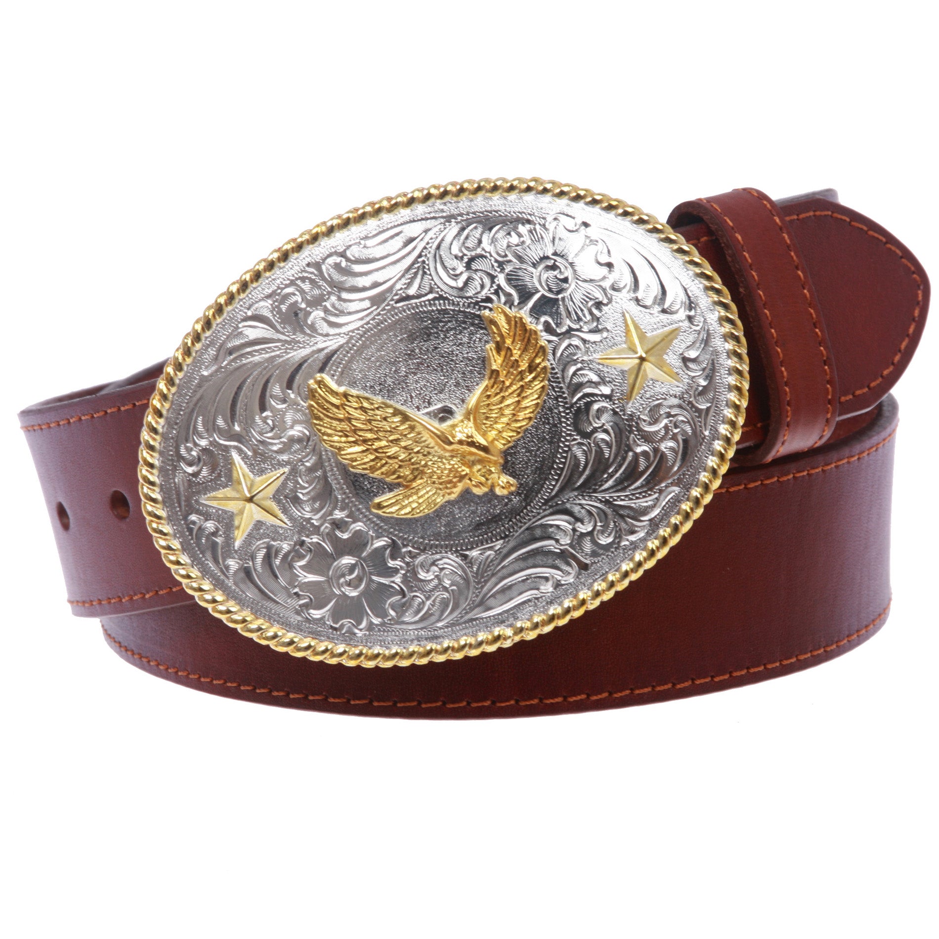 Western Cowboy Silver Buckle with Gold Soaring Eagle Leather Belt - OnlineBelts