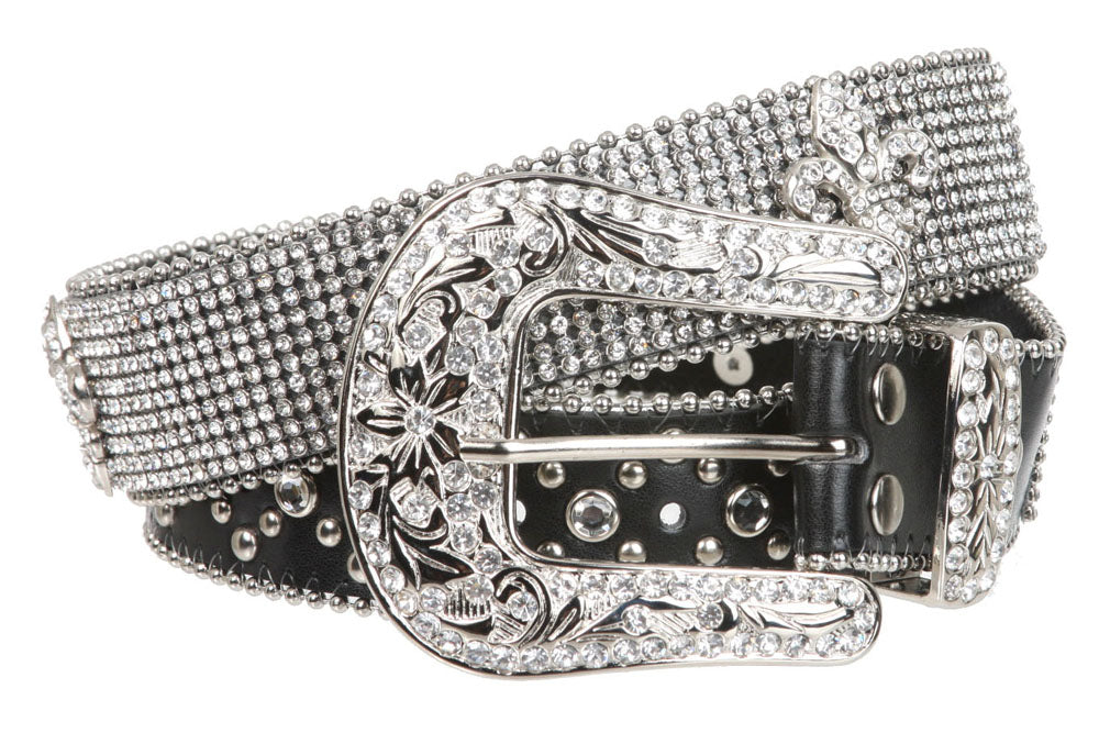 Snap on Western Cowgirl Rhinestone Fleur De Lis Leather Belt - OnlineBelts