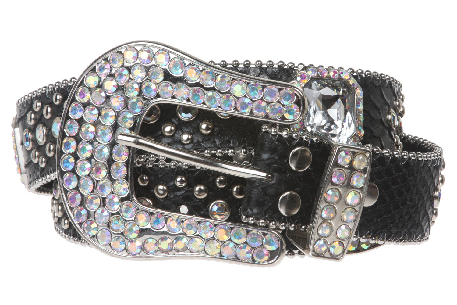 Snap on Rhinestone Square Ornaments Alligator Print Genuine Leather Belt - OnlineBelts