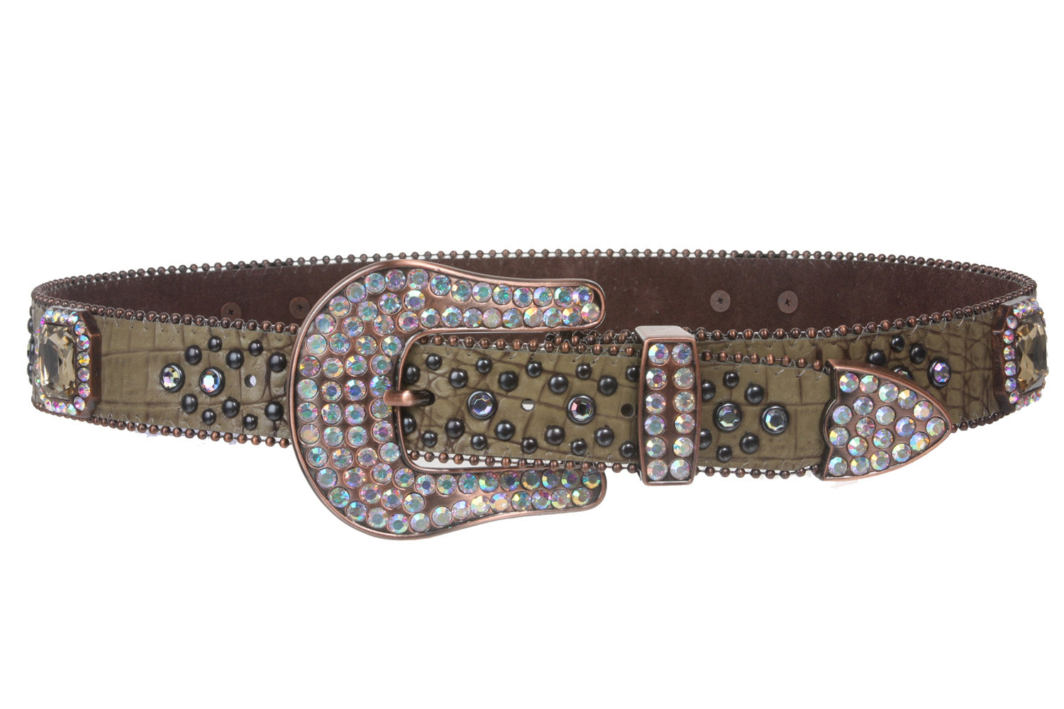 Snap on Rhinestone Square Ornaments Alligator Print Genuine Leather Belt - OnlineBelts