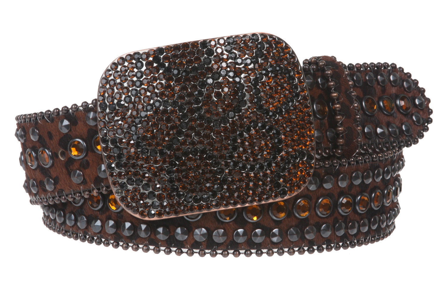 Faux Animal Print Genuine Leather Studded Belt with Crystal Buckle - OnlineBelts