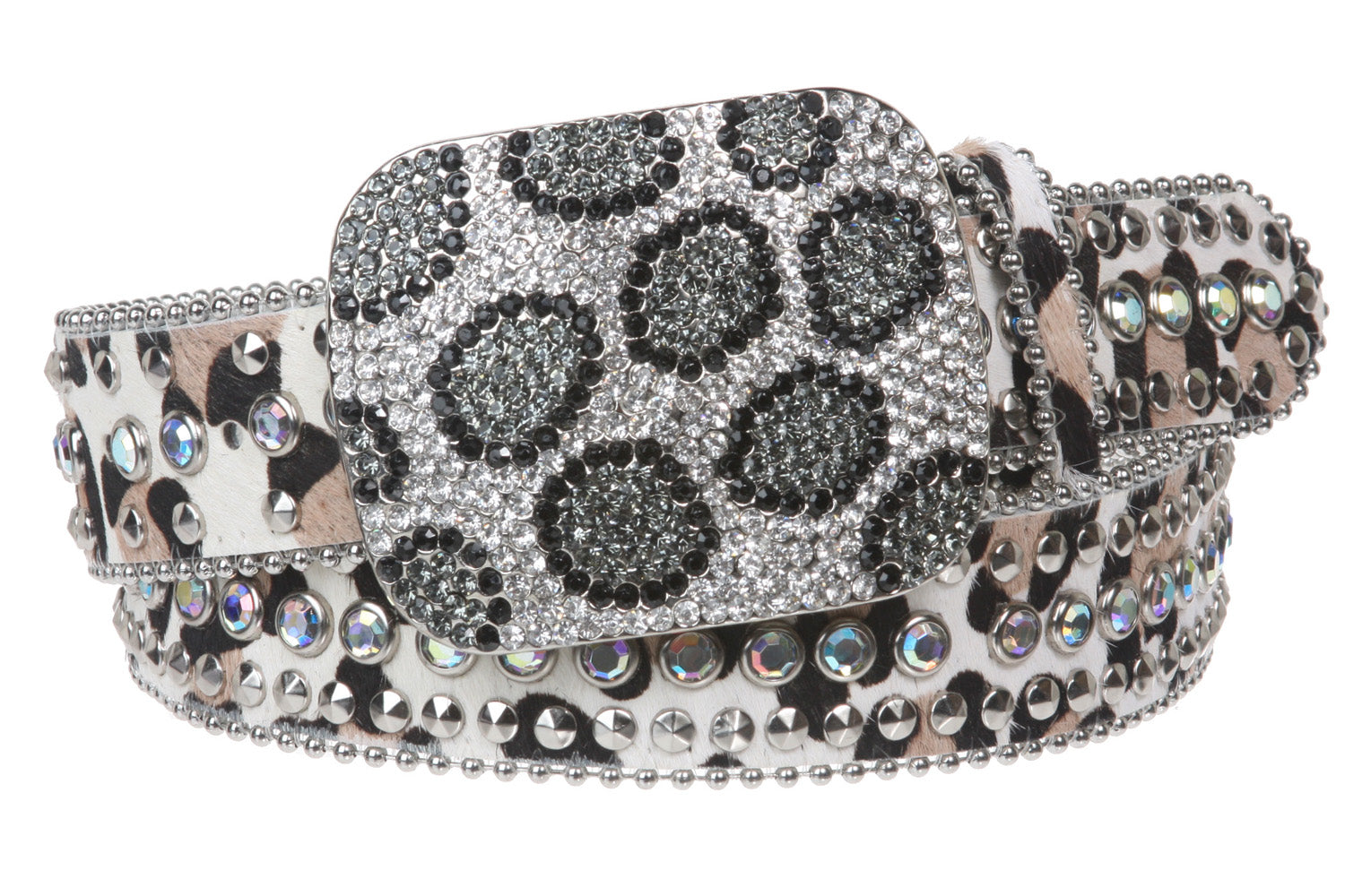 Faux Animal Print Genuine Leather Studded Belt with Crystal Buckle - OnlineBelts