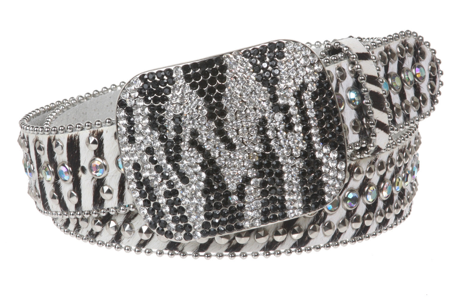 Faux Animal Print Genuine Leather Studded Belt with Crystal Buckle - OnlineBelts