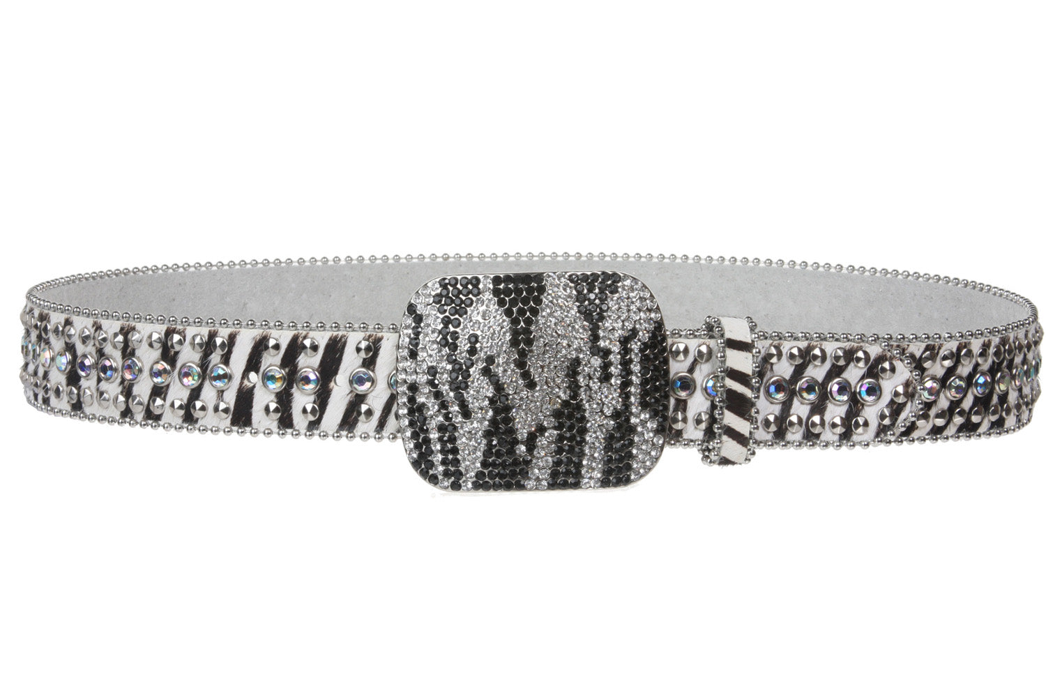 Faux Animal Print Genuine Leather Studded Belt with Crystal Buckle - OnlineBelts