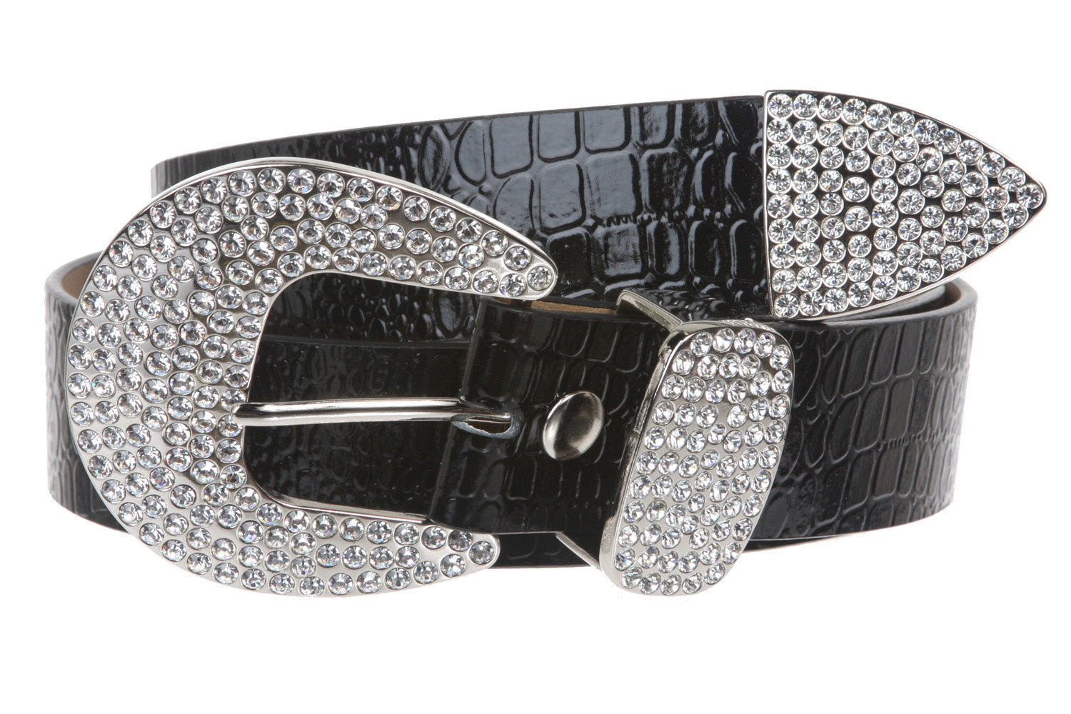 Womens Snap On Western Crocodile Print Rhinestone Leather Belt - OnlineBelts