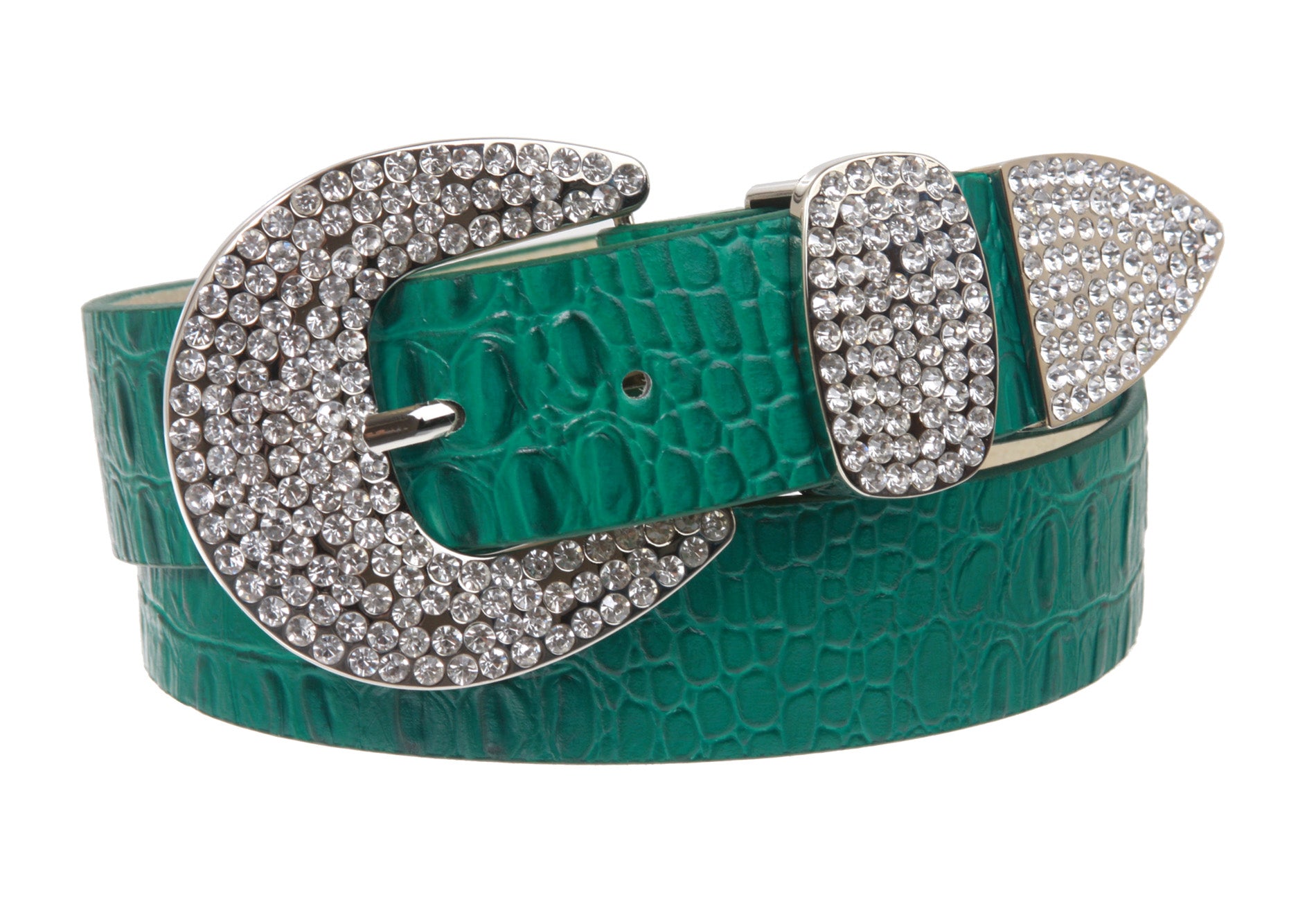 Womens Snap On Western Crocodile Print Rhinestone Leather Belt - OnlineBelts