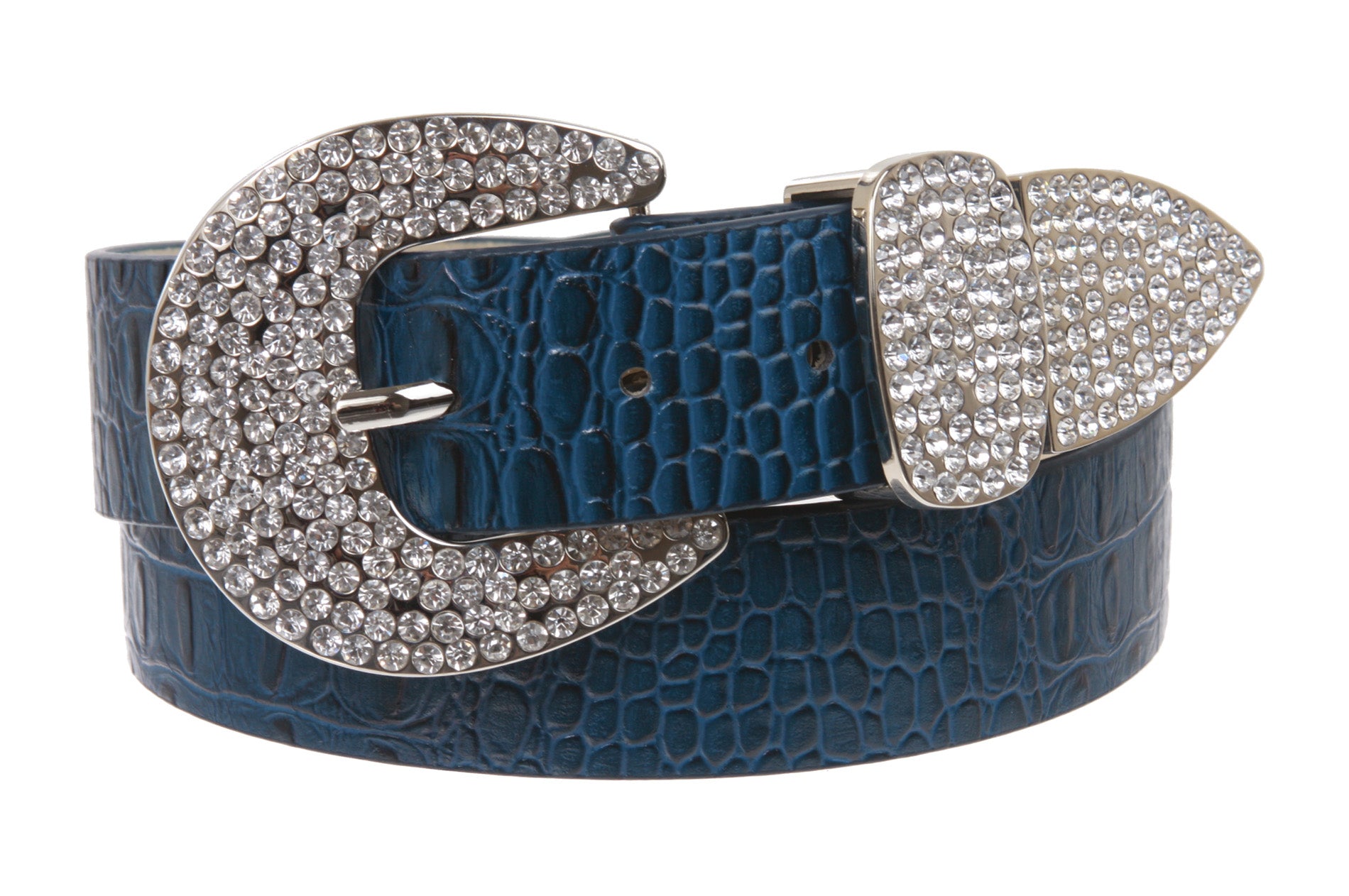 Womens Snap On Western Crocodile Print Rhinestone Leather Belt - OnlineBelts