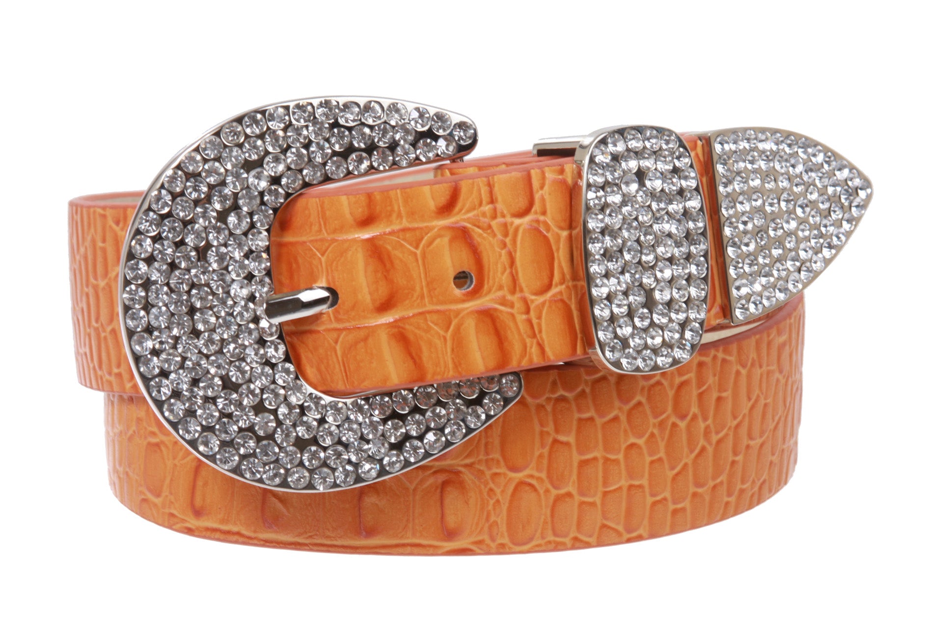 Womens Snap On Western Crocodile Print Rhinestone Leather Belt - OnlineBelts