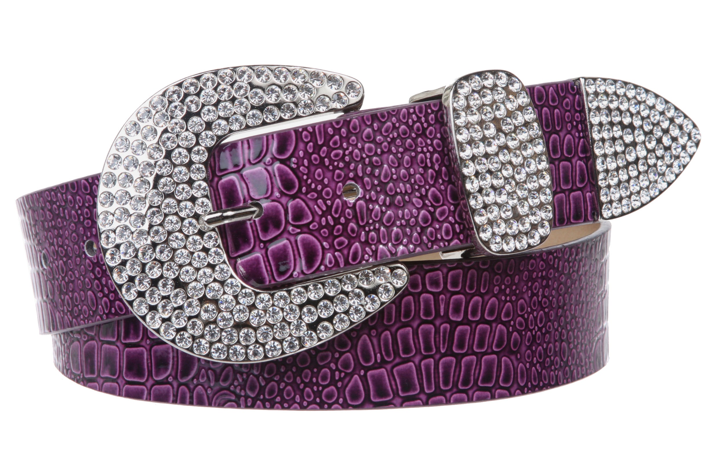 Womens Snap On Western Crocodile Print Rhinestone Leather Belt - OnlineBelts