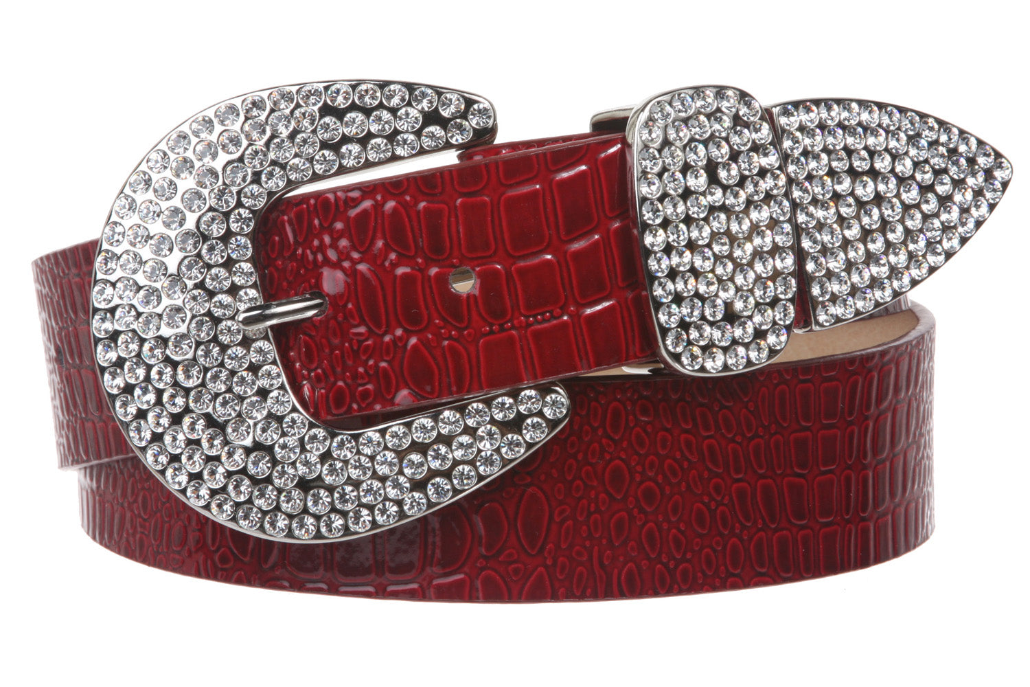 Womens Snap On Western Crocodile Print Rhinestone Leather Belt - OnlineBelts