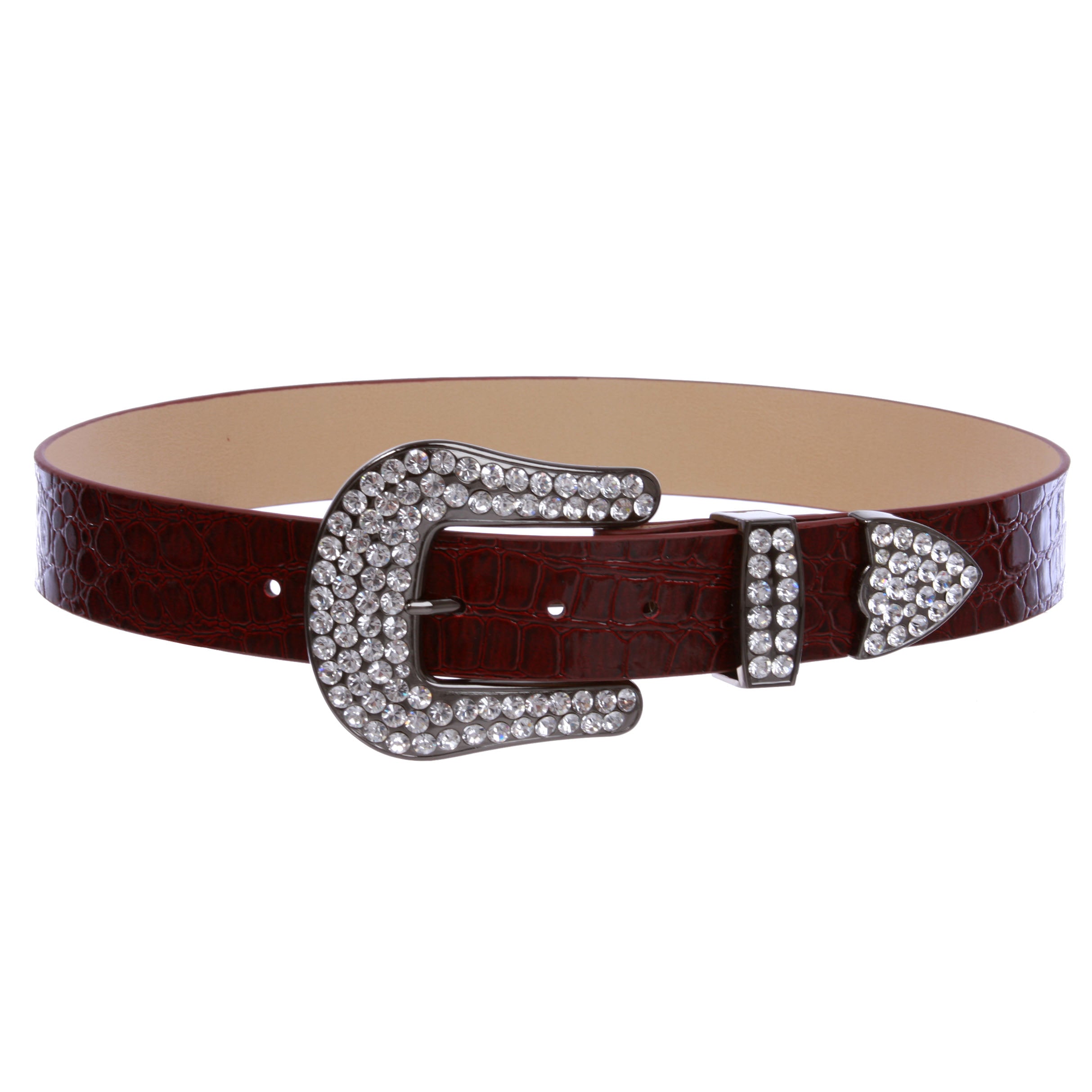 Women's Snap On Western Faux Crocodile Print Rhinestone Belt - OnlineBelts