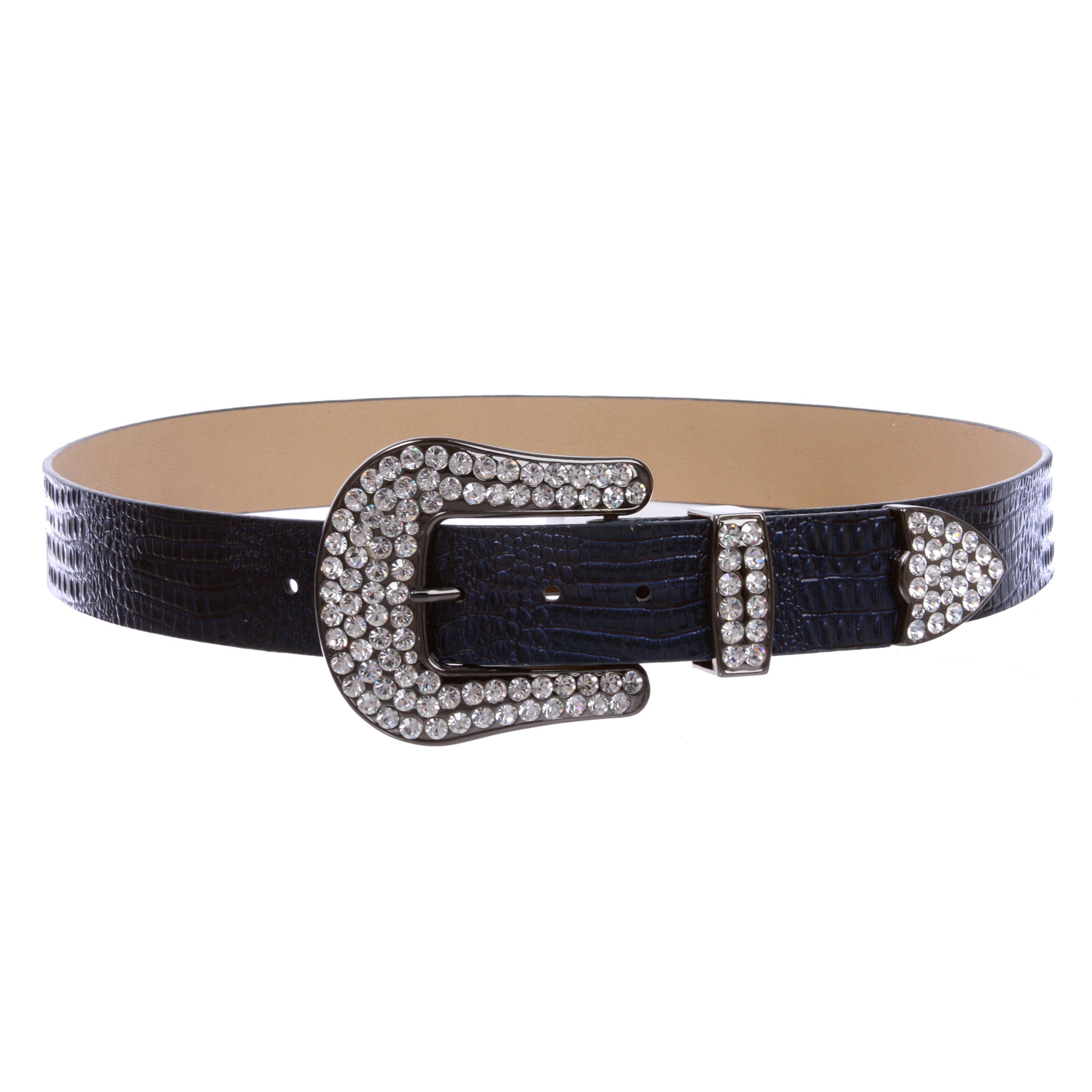 Women's Snap On Western Faux Crocodile Print Rhinestone Belt - OnlineBelts