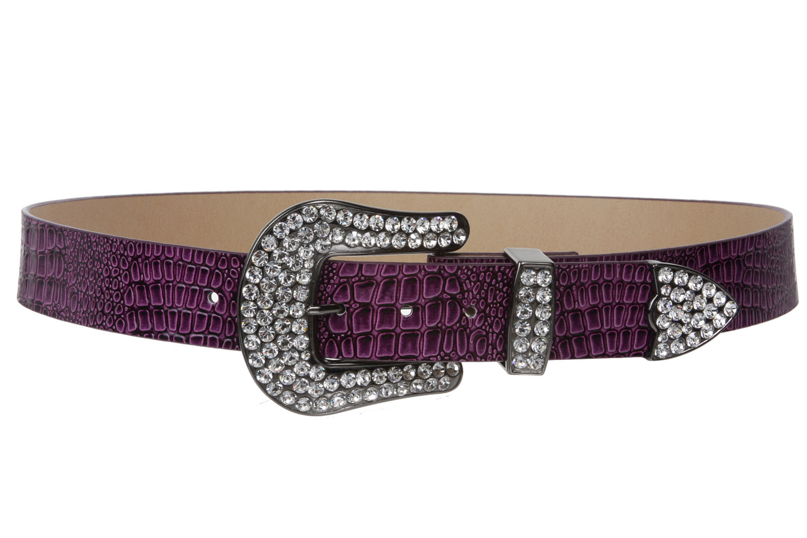 Women's Snap On Western Faux Crocodile Print Rhinestone Belt - OnlineBelts
