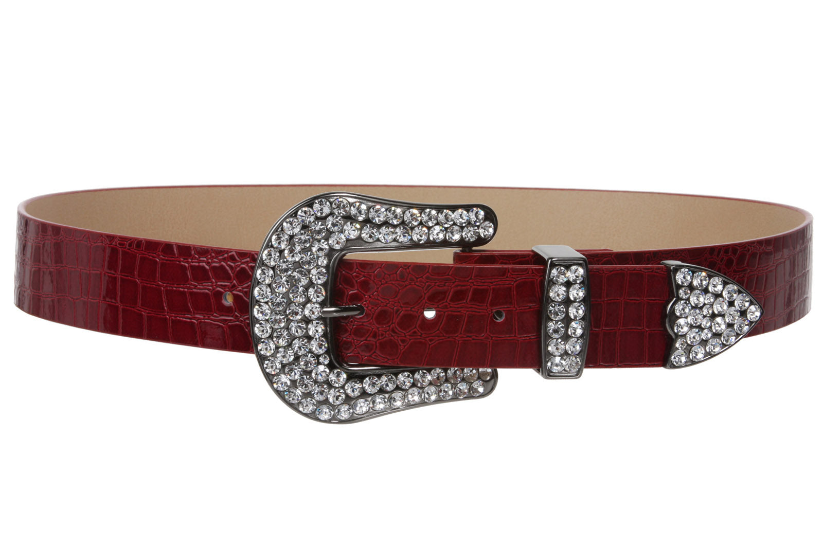 Women's Snap On Western Faux Crocodile Print Rhinestone Belt - OnlineBelts