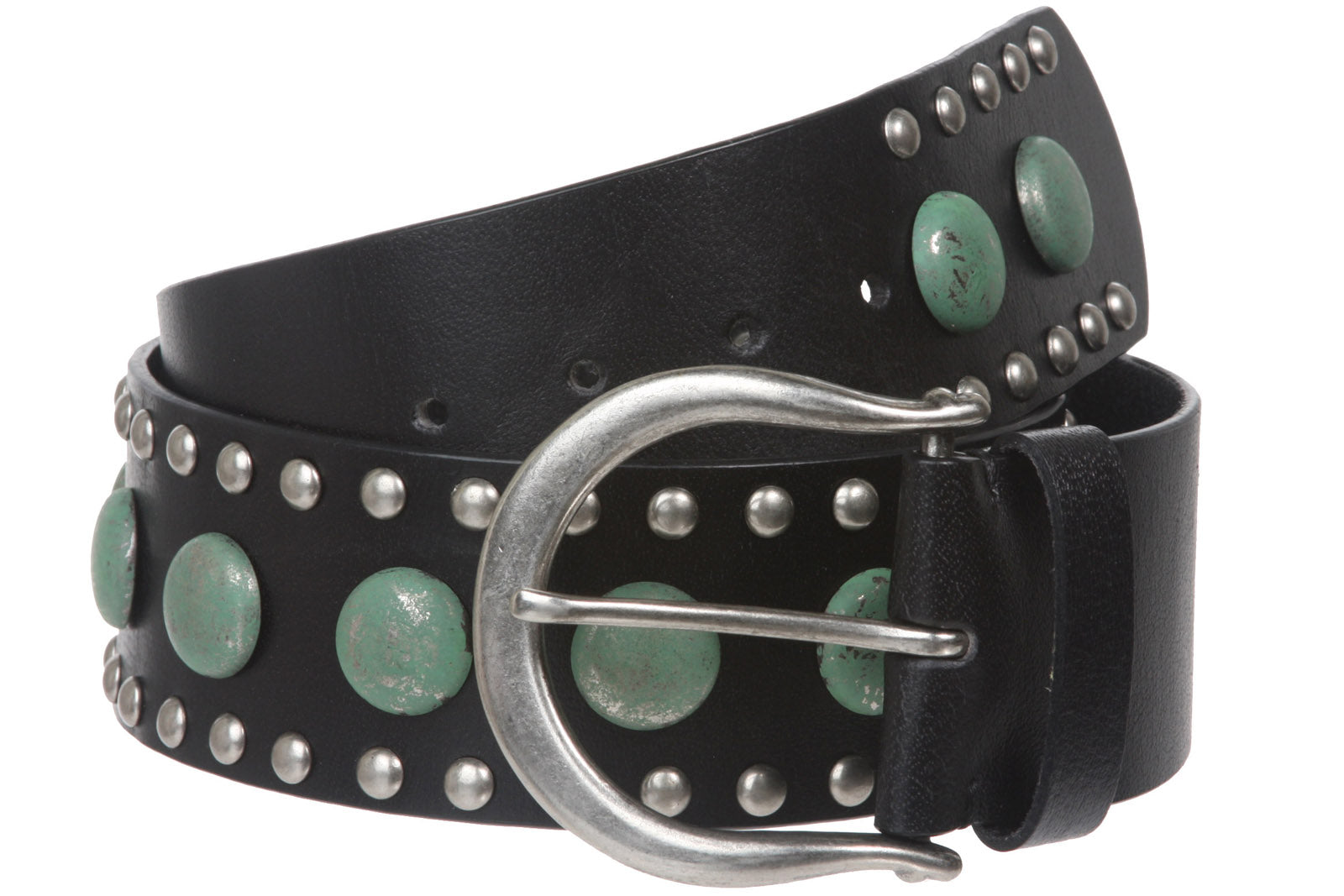 Womens 2 1/4" Harness Wide Contour Circle Studded Solid Leather Belt