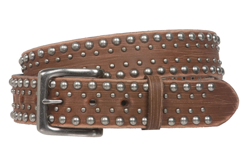 1 1/2" Snap on Antique Silver Circle Metal Studded Distressed Leather Belt - OnlineBelts