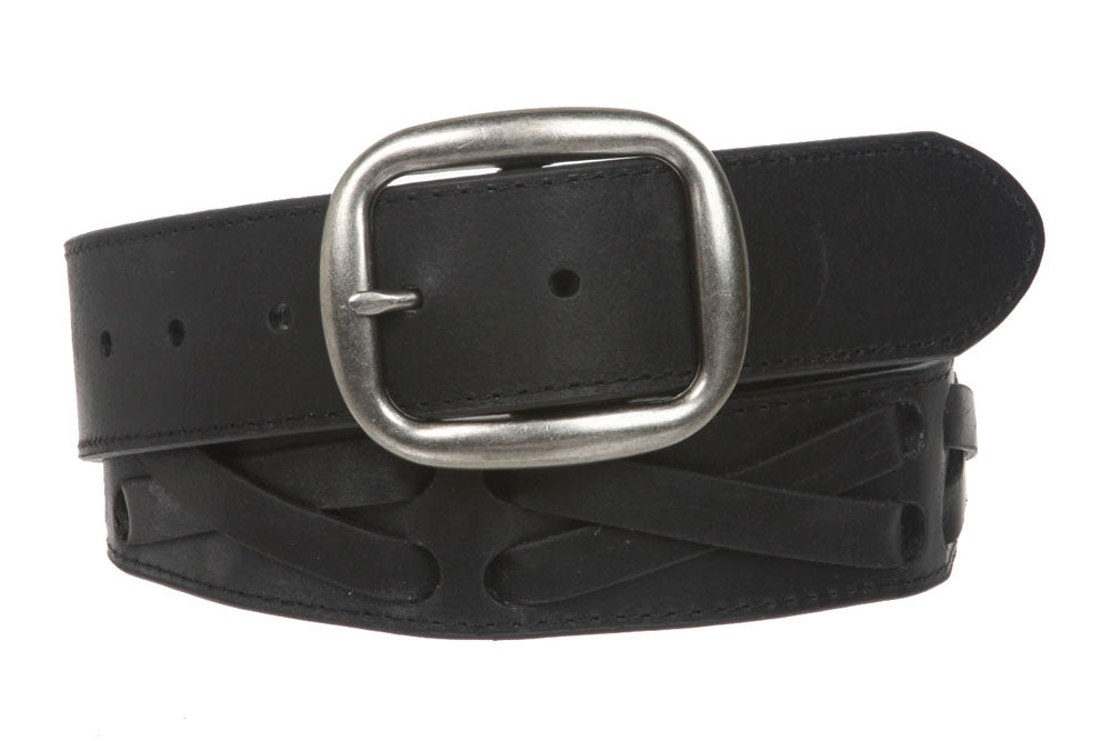 1 1/2" Snap on Antique Silver Studded Cross Strap Leather Jean Belt - OnlineBelts