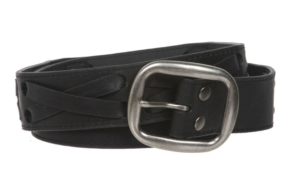 1 1/2" Snap on Antique Silver Studded Cross Strap Leather Jean Belt - OnlineBelts