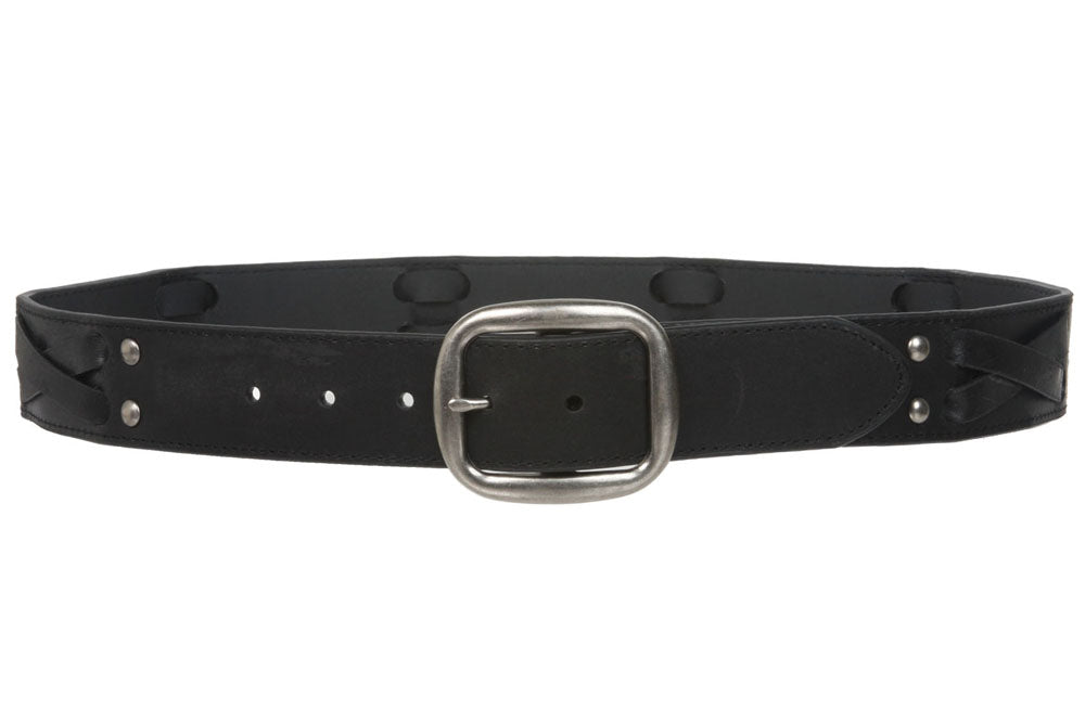 1 1/2" Snap on Antique Silver Studded Cross Strap Leather Jean Belt - OnlineBelts