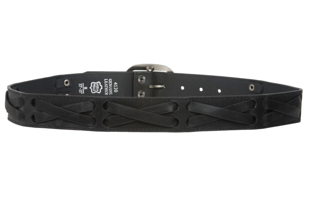 1 1/2" Snap on Antique Silver Studded Cross Strap Leather Jean Belt - OnlineBelts