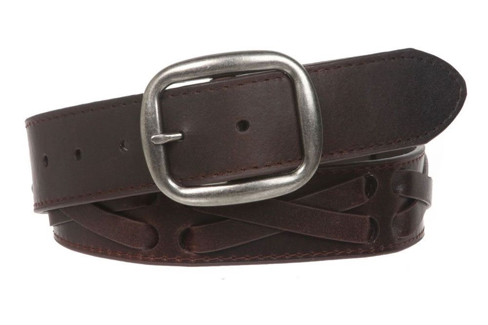 1 1/2" Snap on Antique Silver Studded Cross Strap Leather Jean Belt - OnlineBelts