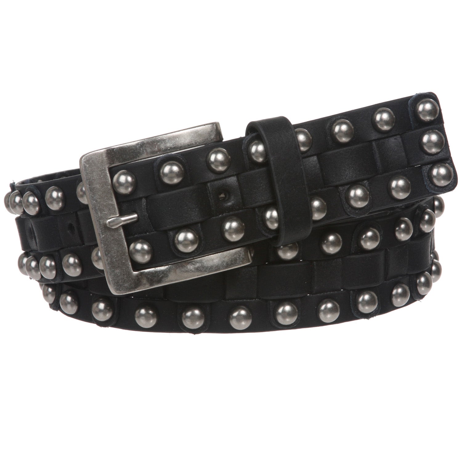 1 1/2" Antique Silver Circle Metal Studded Interlaced Leather Belt - OnlineBelts